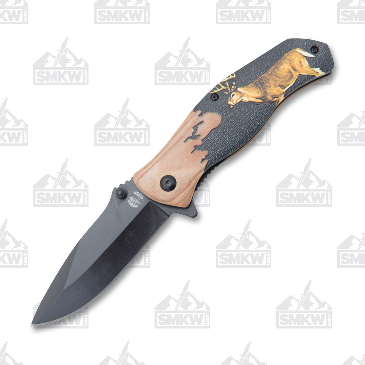 Frost Ocoee River Assisted Opening Folder Deer Pakkawood Handle Black SS Blade FROC04D View 2