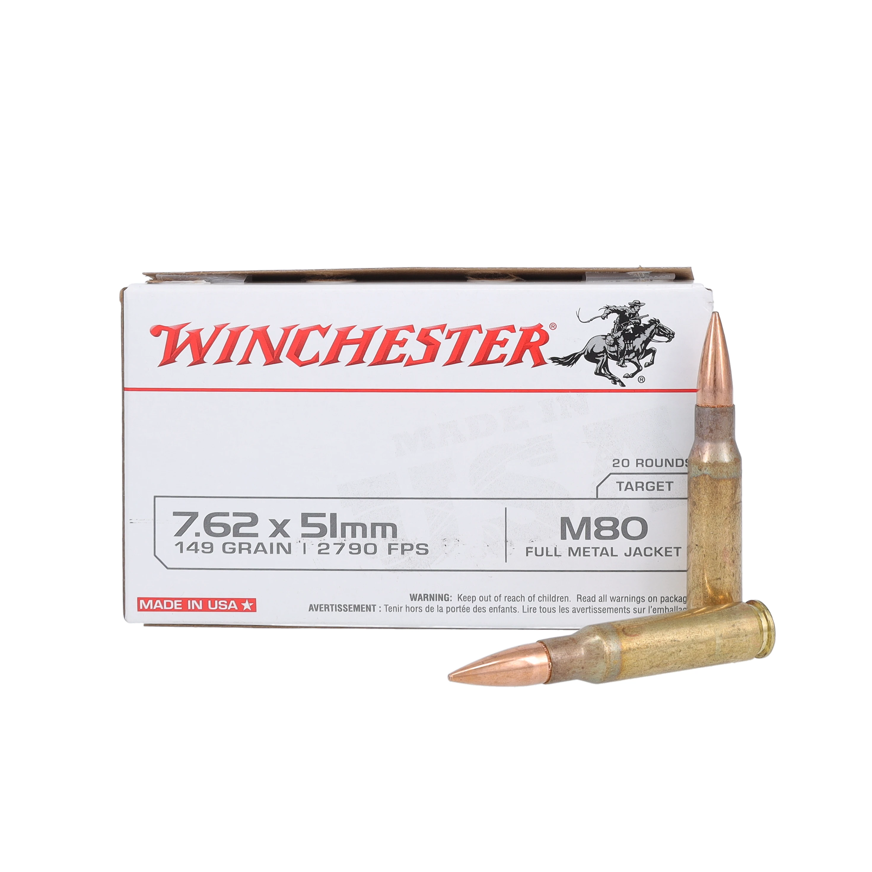 Winchester USA White Box 7.62x51mm NATO Ammo FMJ M80 149gr 20Rds Box WM80 View 1