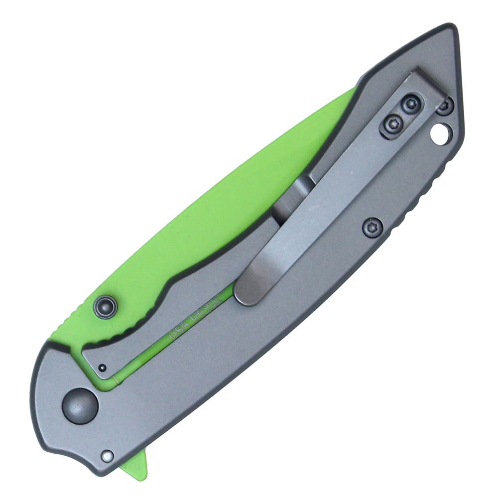 WarTech Assisted Folding Knife Gray 3.5in Plain Neon Green Drop Point NTPWT335GN View 3