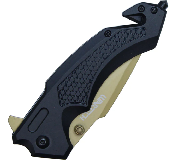 Neptune Trading 8.25In. Assisted Open Pocket Knife Folding Black Aluminum Handle 3.5In Gold Clip Point NTPWT370GD View 3