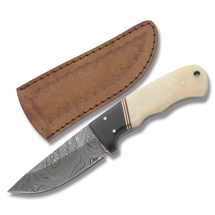 Belvedere Damascus Fixed Blade Knife Buffalo Horn and Natural Bone Handle DM1068 View 1