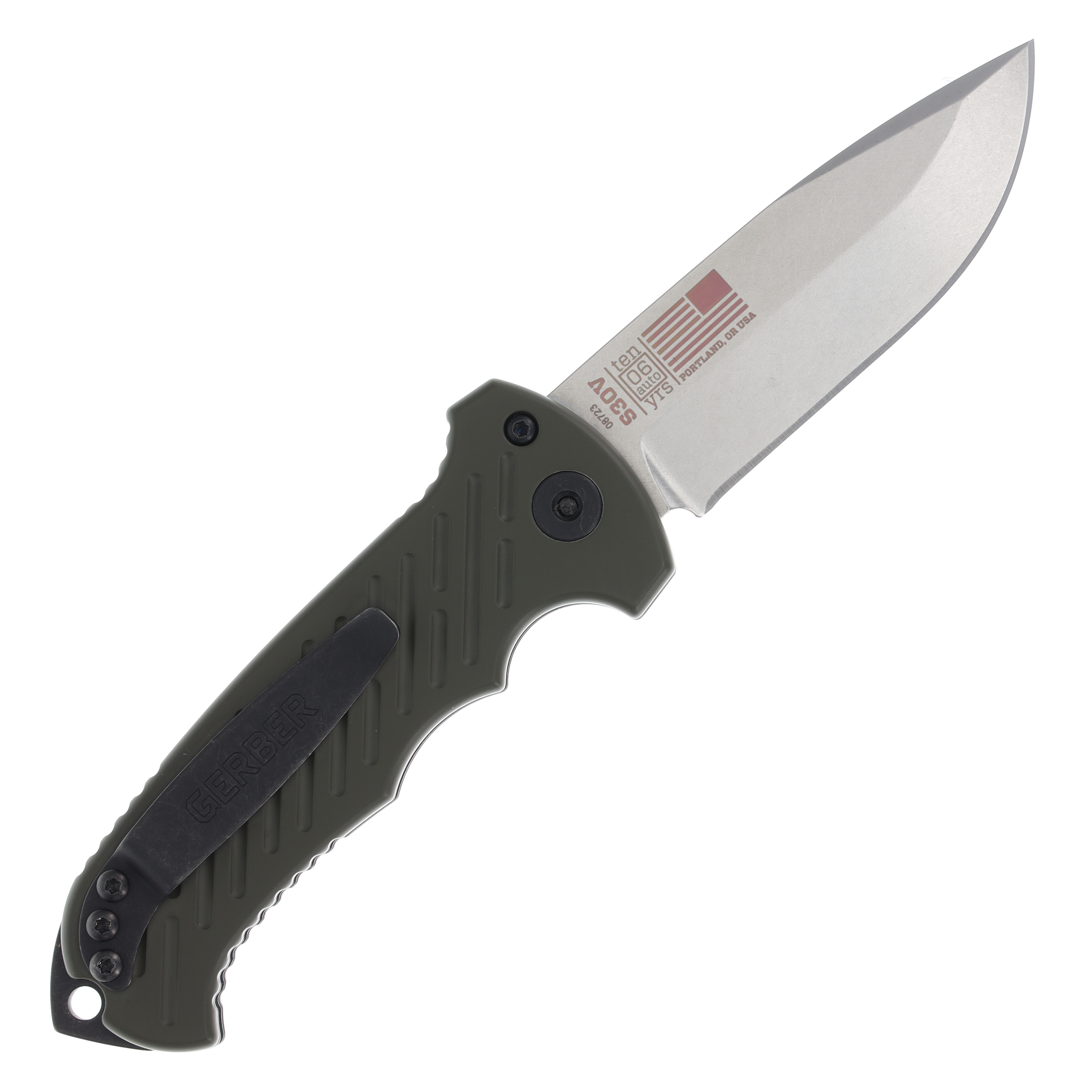 Gerber 06 Auto 10th Anniversary OD Green 3.62in Drop Point Stonewash AUG1263 View 2