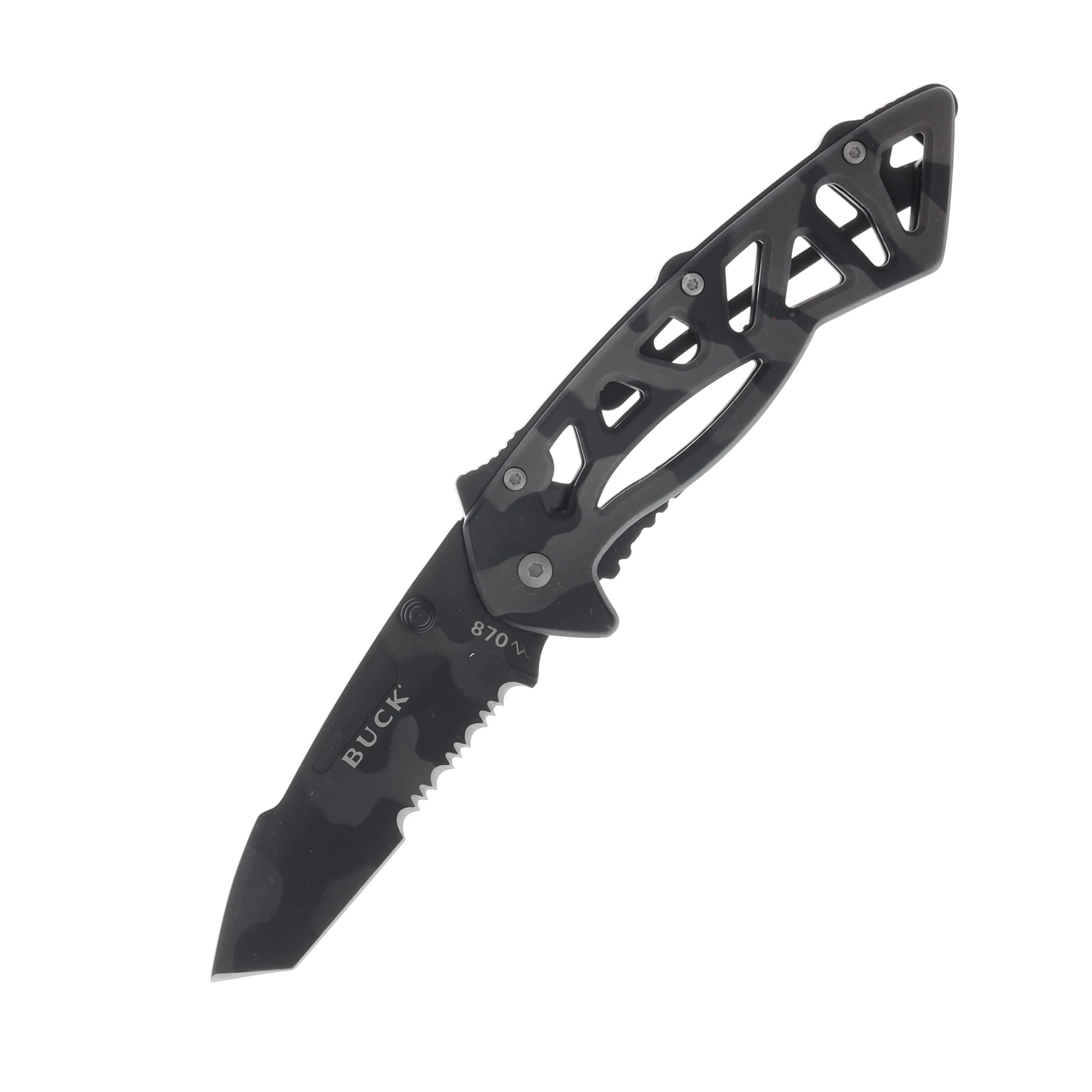 Buck 870 Bones Folding Knife Tiger Stripe 3in Partial Serrated Tanto Blade BU5846 View 1