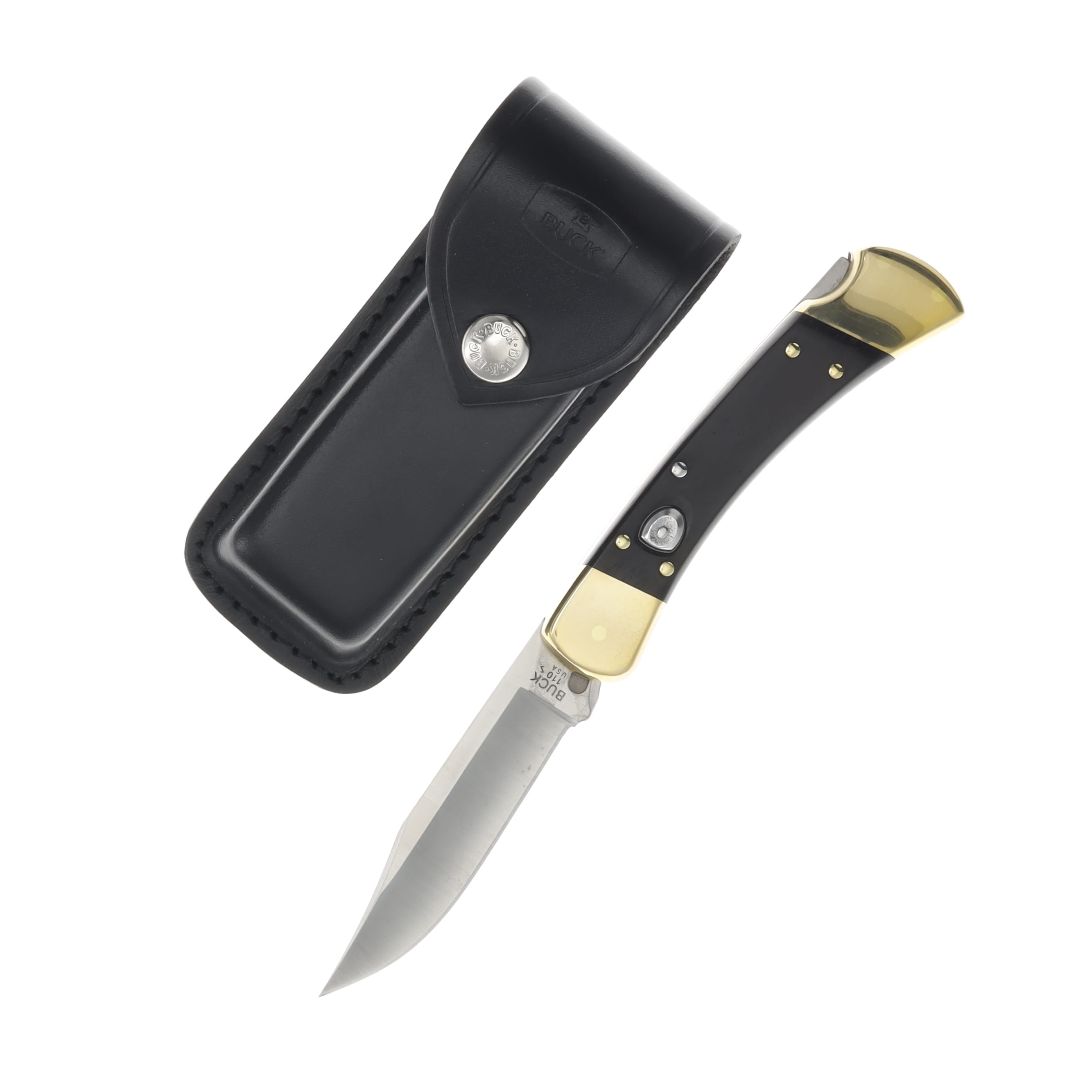 Buck 110 OTS Auto Folding Hunter Knife Ebony Wood-Brass Handle 3.75in Clip Point Blade BU11197 View 1
