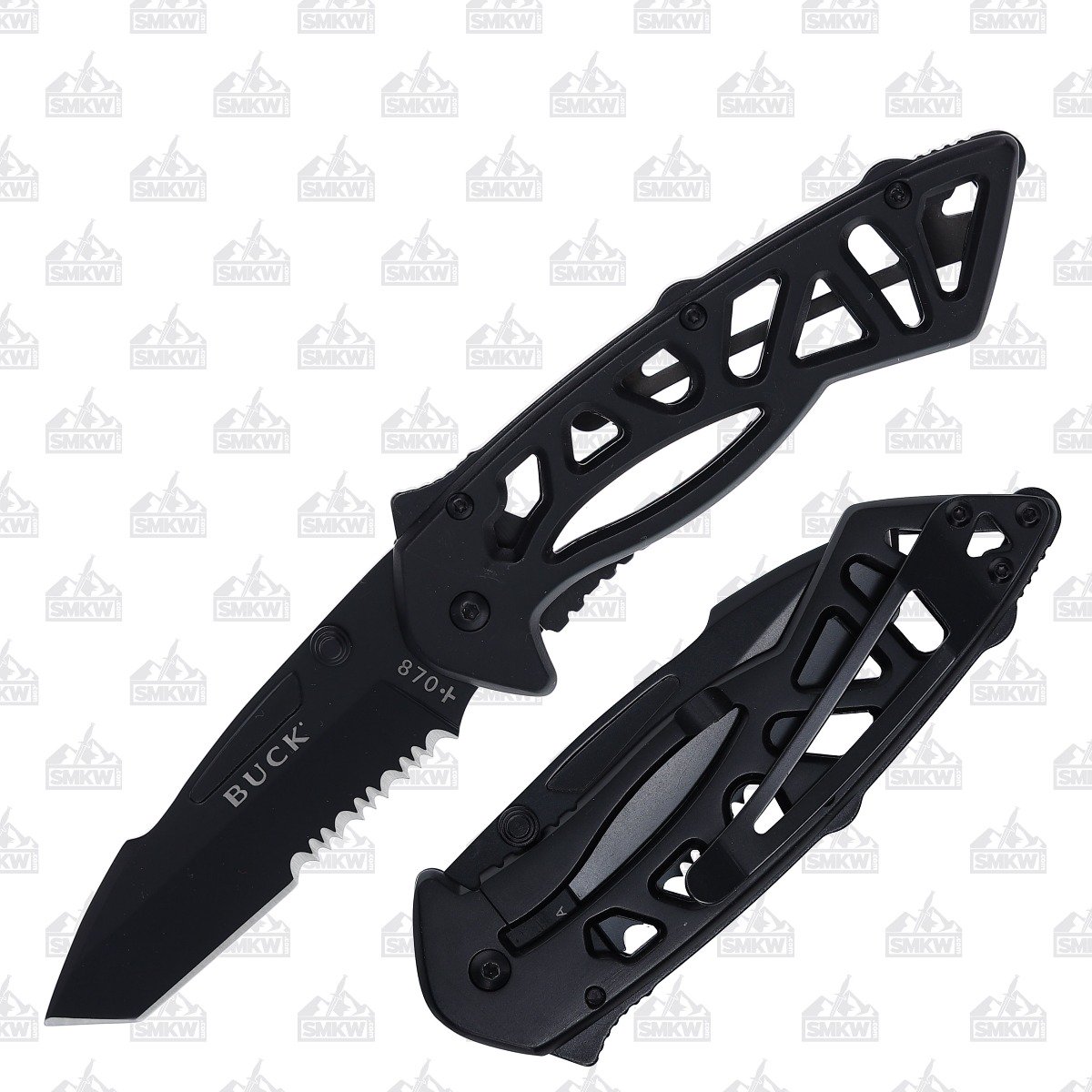 Buck 870 Bones Folding Knife Black 3in Tanto Part Serrated Blade BU3595 View 1