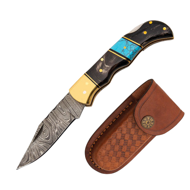 Rite Edge Delamar Folding Knife Horn and Turquoise 3” Plain Clip Point View 1