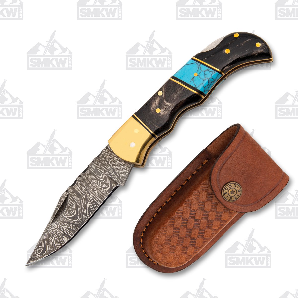 Rite Edge Delamar Folding Knife Horn and Turquoise 3” Plain Clip Point DM1215 View 1