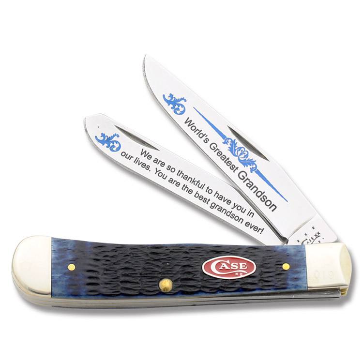 Case XX World's Greatest Grandson Blue Jigged Bone Trapper Folding Knife CABBGRANDSON View 1