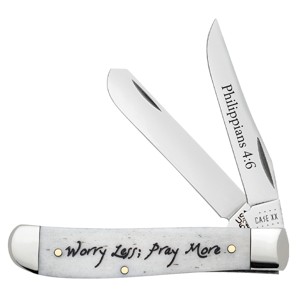 Case XX Mini Trapper Folding Knife Religious Sayings Phillippians 4:6 Smooth Bone CA60869 View 1