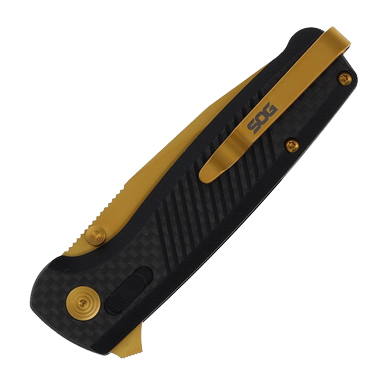 SOG Terminus XR LTE Carbon – Gold 2.95in Plain Gold TiNi Clip Point TM1033BX View 3