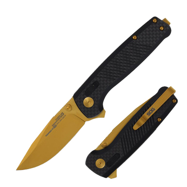SOG Terminus XR LTE Carbon – Gold 2.95in Plain Gold TiNi Clip Point TM1033BX View 1