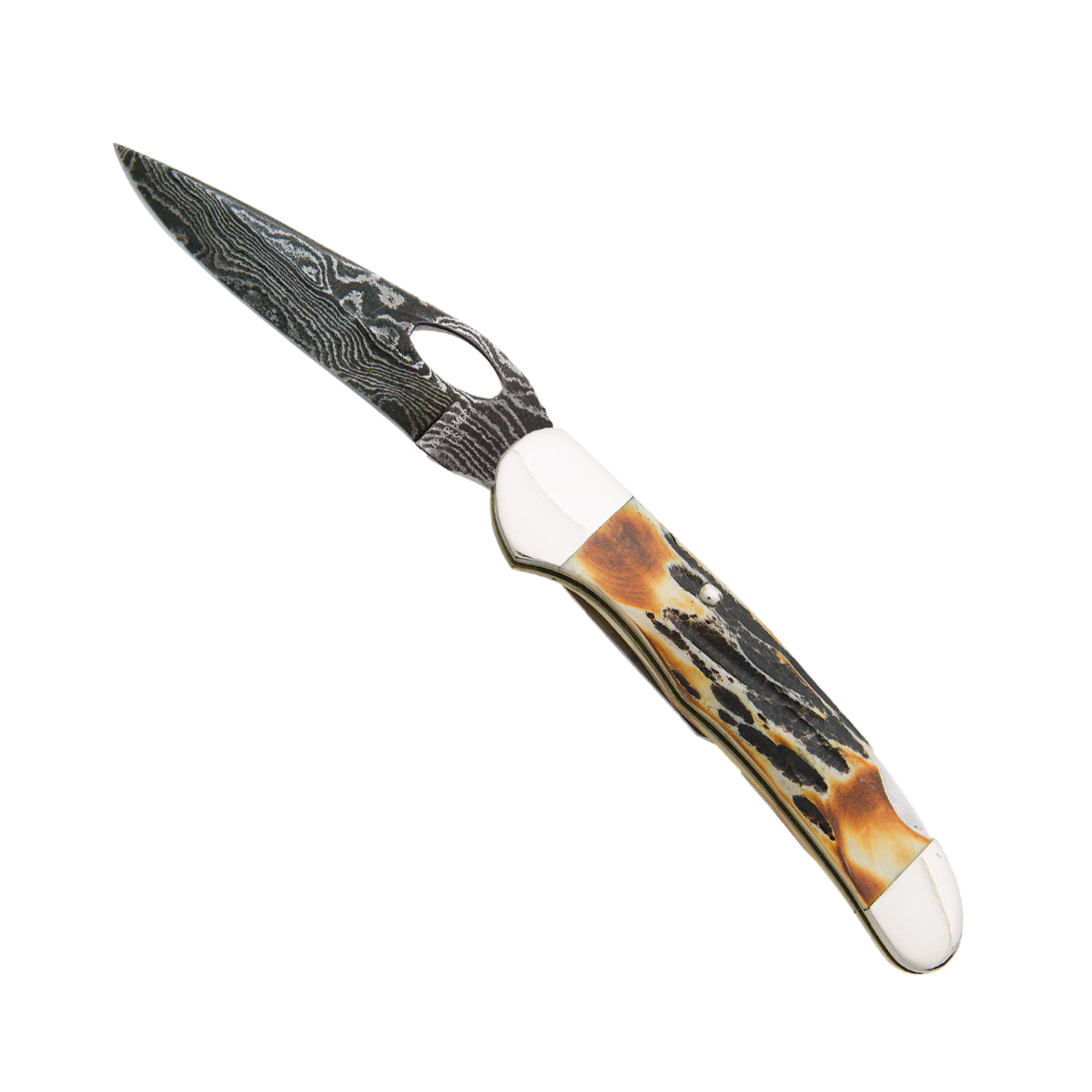Bear & Son Cowhand Folding Knife Damascus India Stag BR5150LD View 1