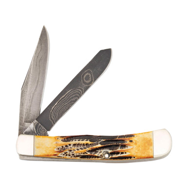 Bear & Son Damascus Trapper Folding Knife Genuine India Stag Bone BR554D View 2