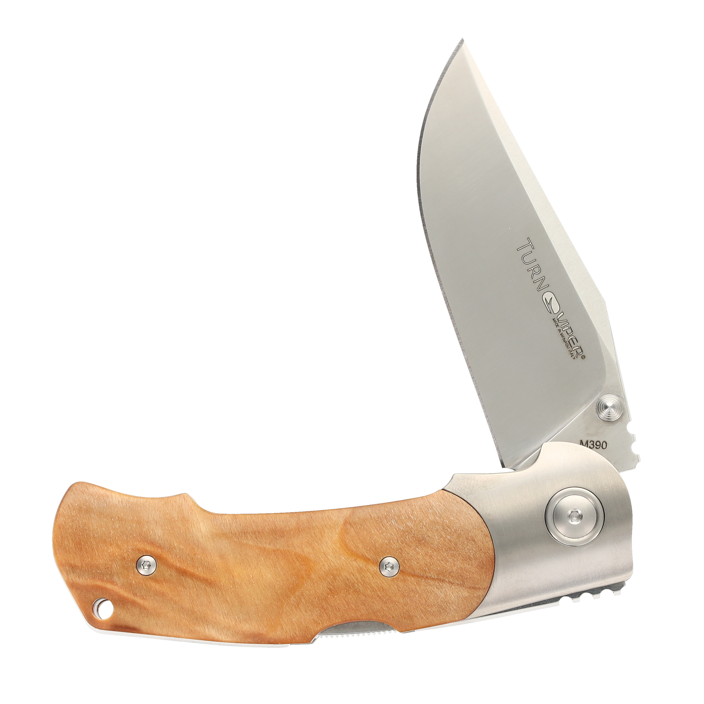 Viper Turn Flamed Poplar Wood Folding 3.22In. M390 Clip Point V5986PI View 3