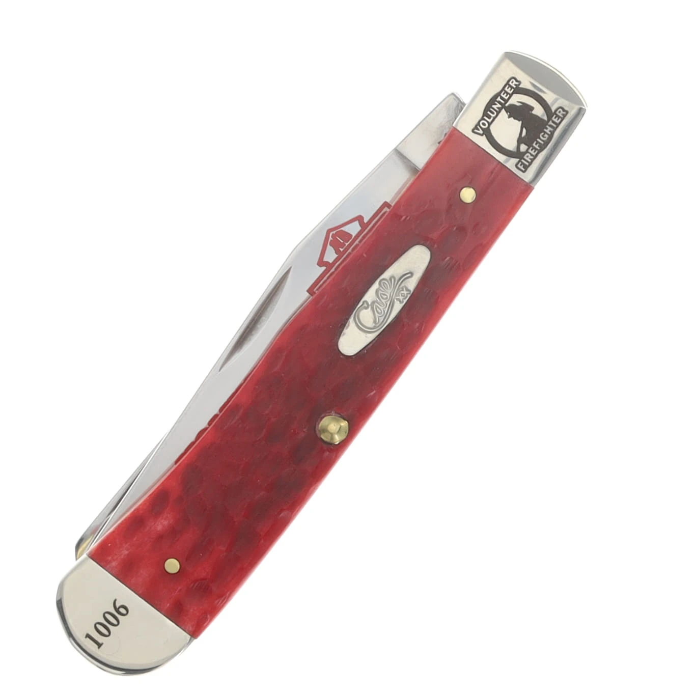 Case XX Red Jigged Bone Volunteer Firefighter Trapper Folding Knife with Collector's Tin CATVFF View 4