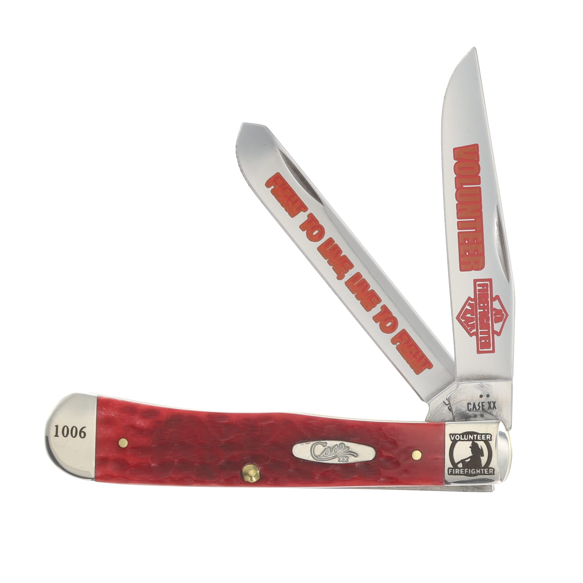 Case XX Red Jigged Bone Volunteer Firefighter Trapper Folding Knife with Collector's Tin CATVFF View 2