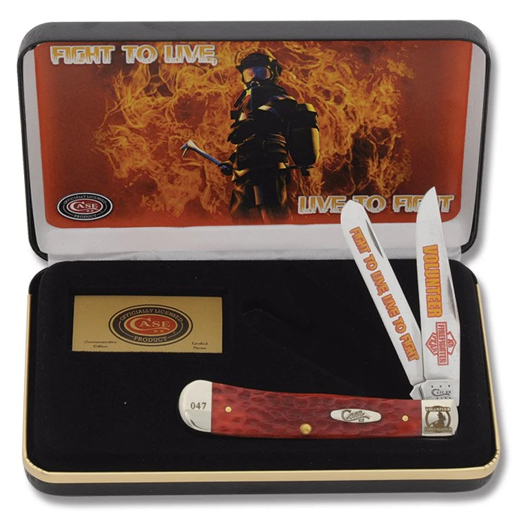 Case XX Red Jigged Bone Volunteer Firefighter Trapper Folding Knife with Collector's Tin CATVFF View 1