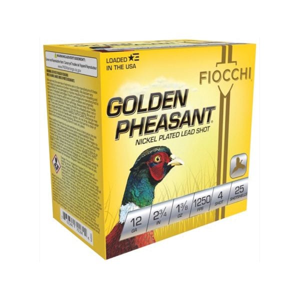 Fiocchi Golden Pheasant 12 Gauge 25 Rounds 2.75in 1-3/8oz #4 Nickel Plated Lead Shot FIO12GP4 View 1