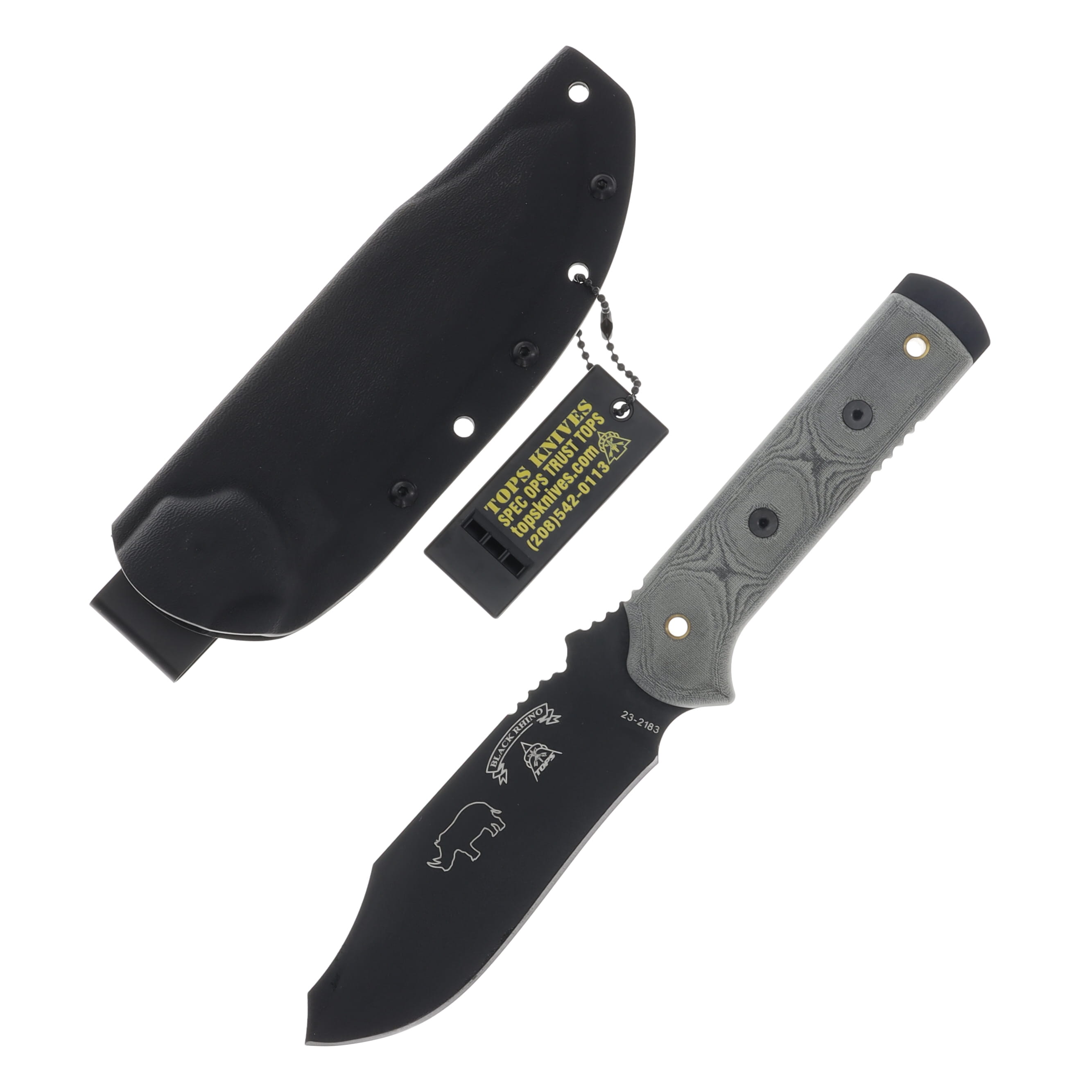 TOPS Knives Black Rhino Fixed Blade Knife 1095 Gray Linen Micarta TPBRM101 View 1