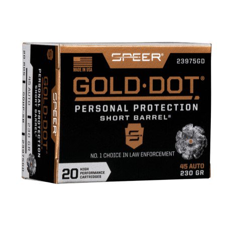 Speer Gold Dot Personal Protection 45 Auto Ammunition 230 Grain Nickel Plated Centerfire 20 Rounds Short Barrel HP 23975GD View 1