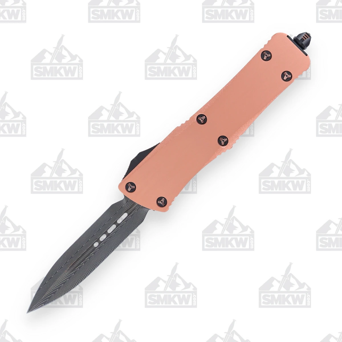 Marfione Custom Troodon OTF Automatic Knife DLC Stippled Copper - 3in Herringbone Damascus Dagger DE Plain View 2