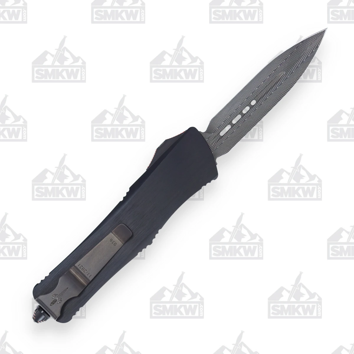 Marfione Custom Troodon OTF Automatic Knife DLC Stippled Copper - 3in Herringbone Damascus Dagger DE Plain View 3