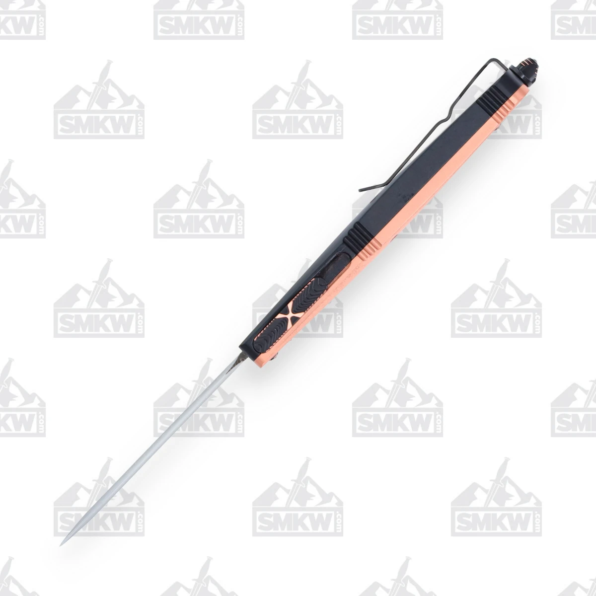 Marfione Custom Troodon OTF Automatic Knife DLC Stippled Copper - 3in Herringbone Damascus Dagger DE Plain View 4