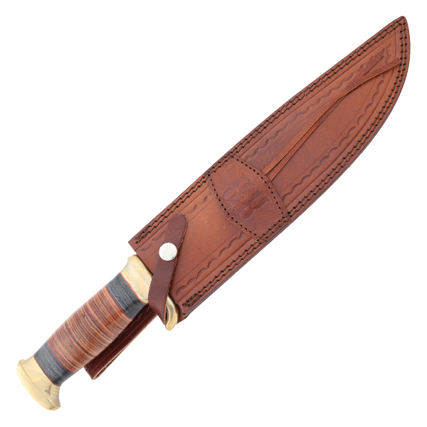 Rough Rider Stacked Leather Bowie Brown 10in Plain Satin Clip Point RR2006 View 5