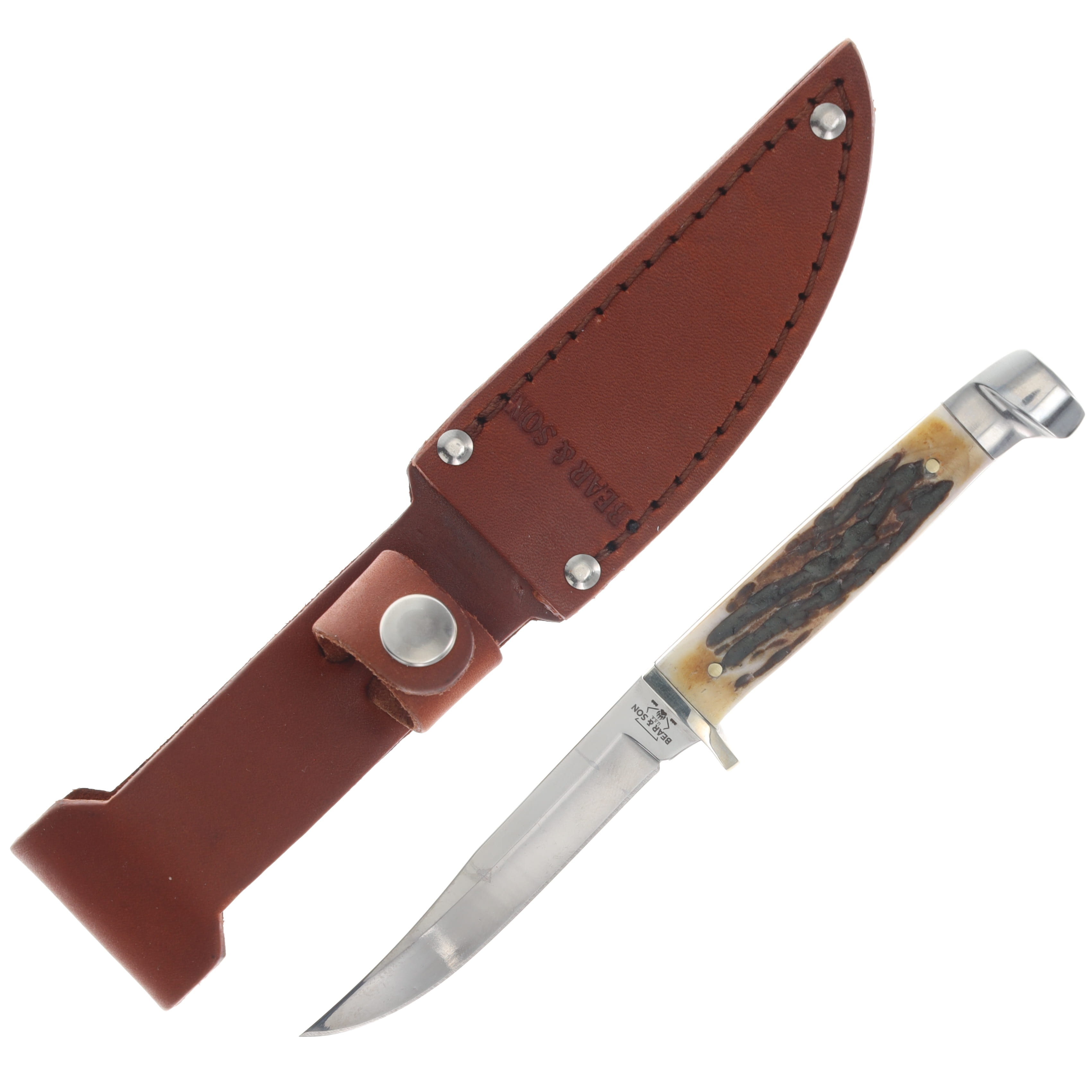 Bear & Son Small Hunter India Stag Bone 3 Inch Plain Satin Clip Point BR563 View 1