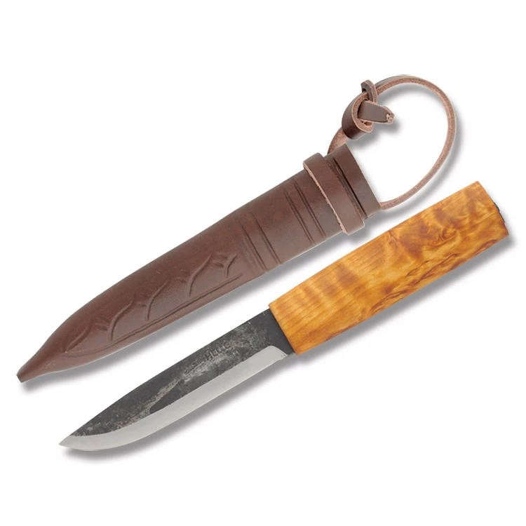 Helle Viking Fixed Blade Knife Carbon/Stainless Curly Birch with Leather Sheath HF01 View 1