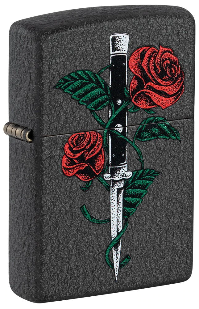 Zippo Rose Dagger Tattoo Black Crackle Lighter ZP49778 View 1