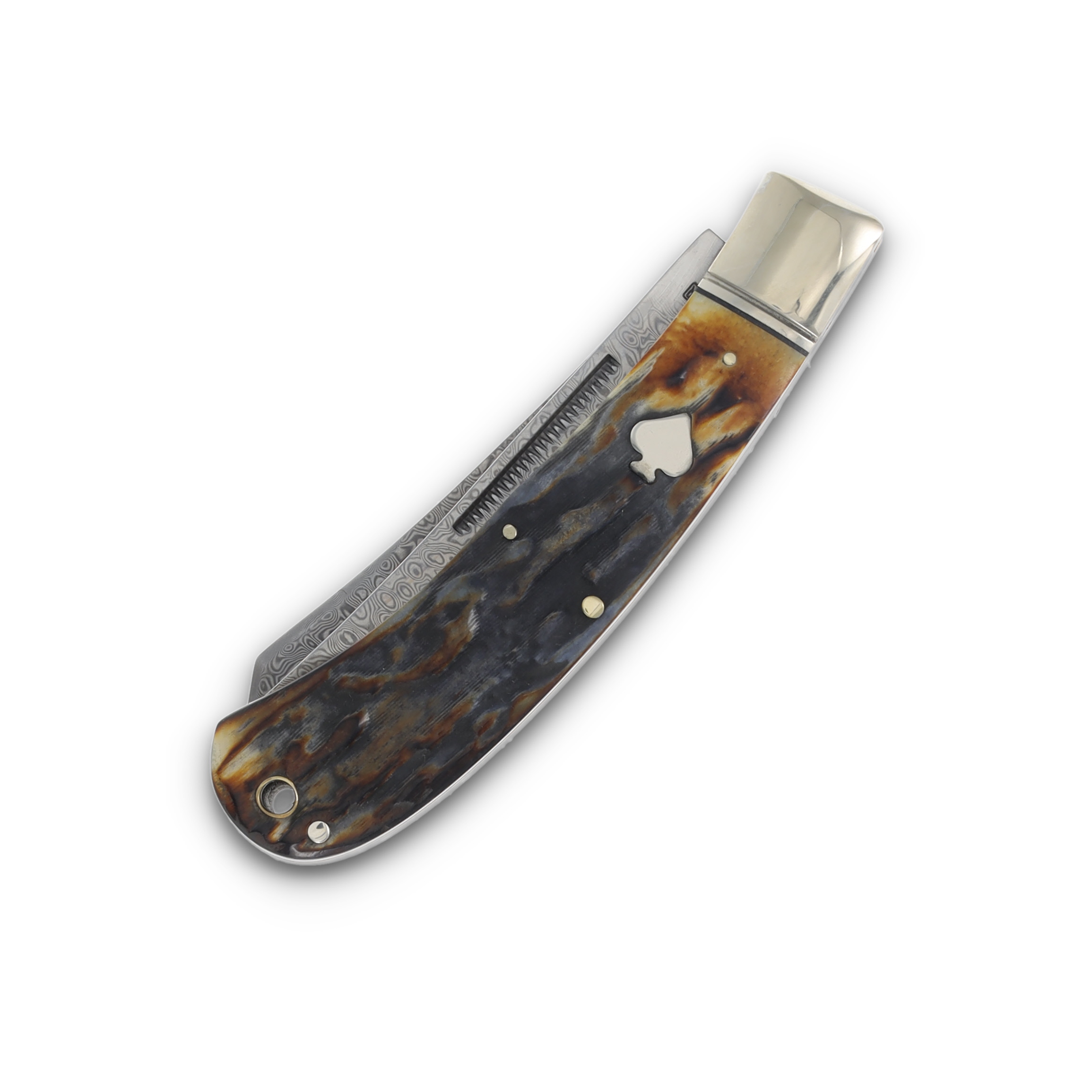 Rough Rider Cinnamon Jigged Bone Damascus Upswept Trapper Folding Knife RR2525 View 3