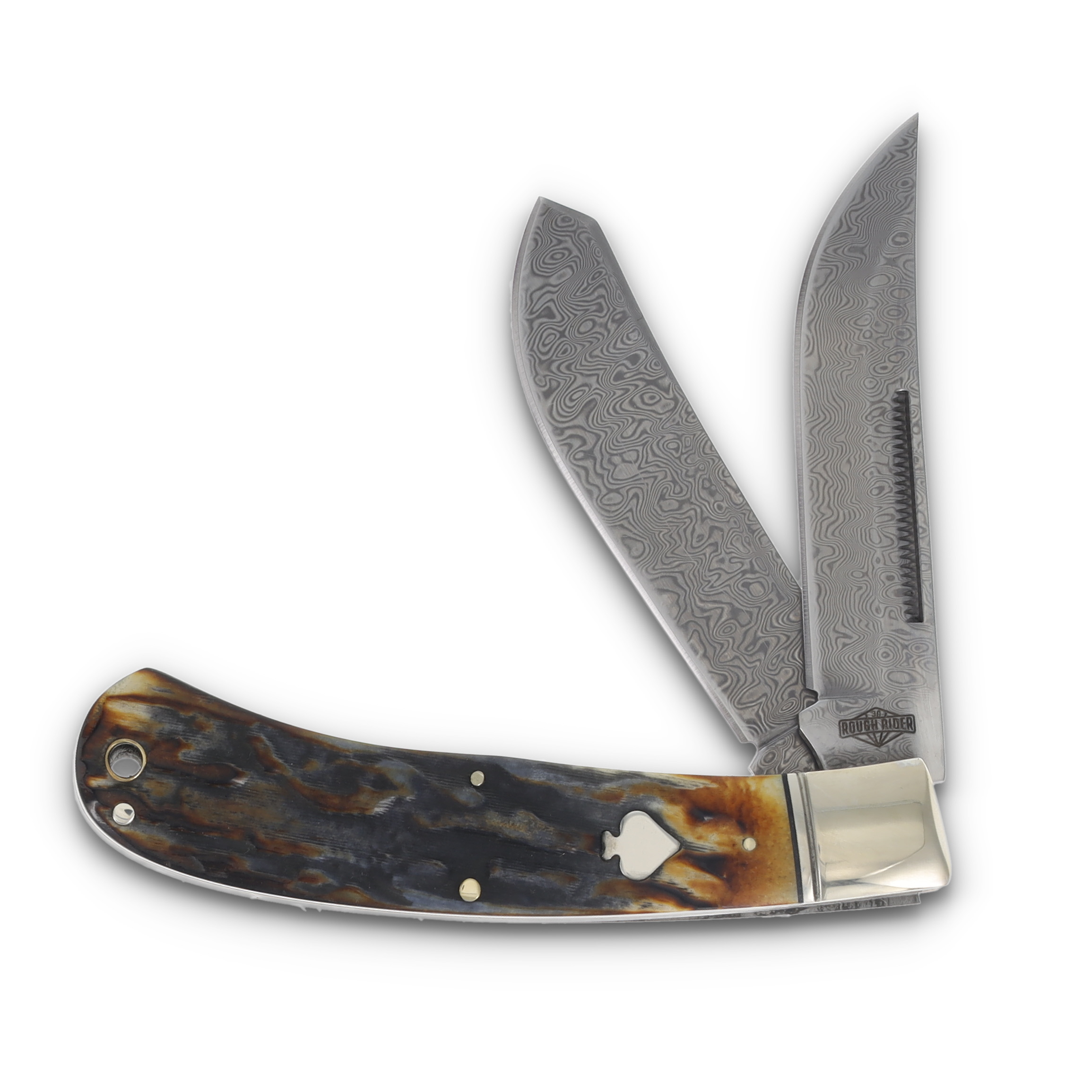 Rough Rider Cinnamon Jigged Bone Damascus Upswept Trapper Folding Knife RR2525 View 1