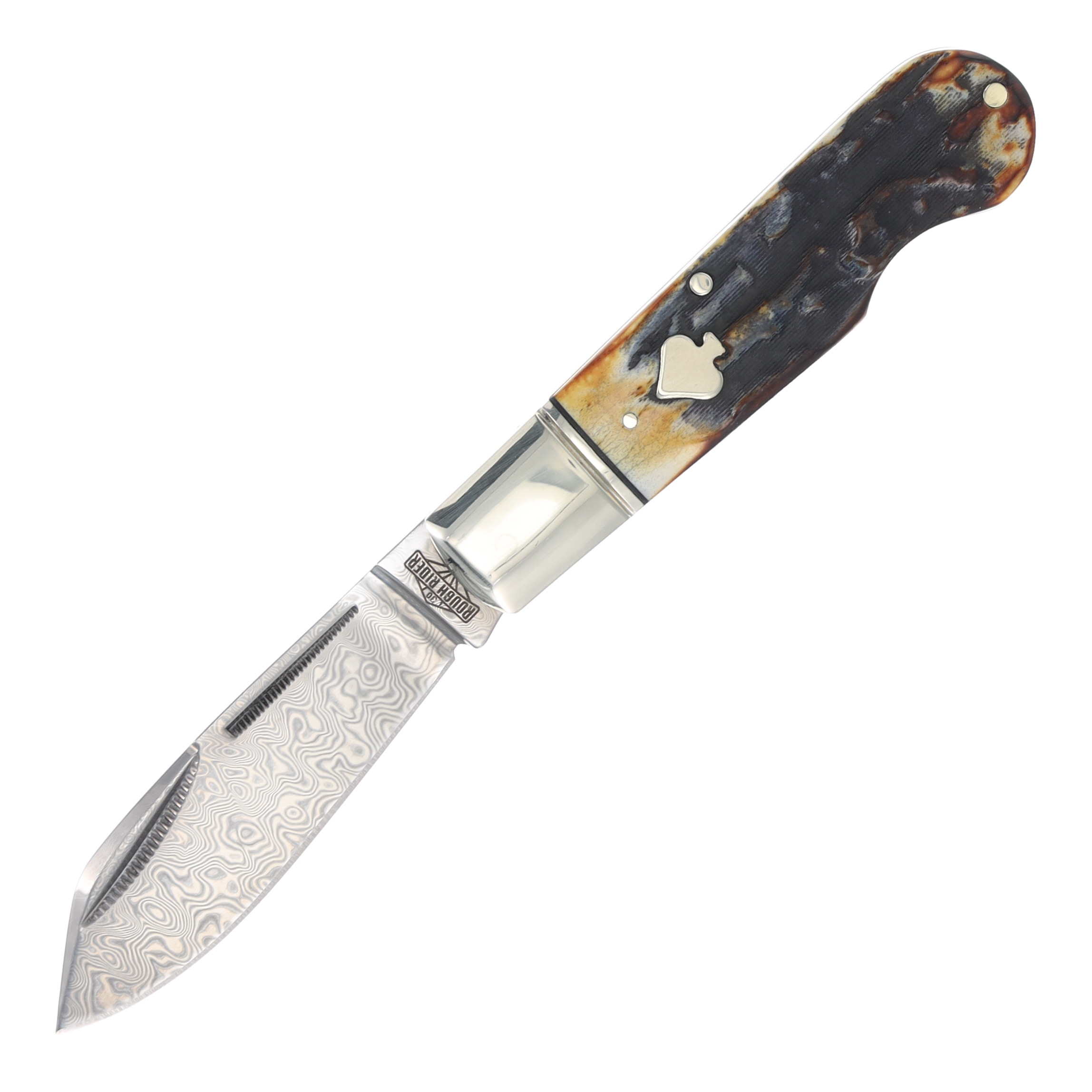Rough Ryder Spades Shield Cinnamon Bone Damascus EZ Open Jack RR2528 View 3