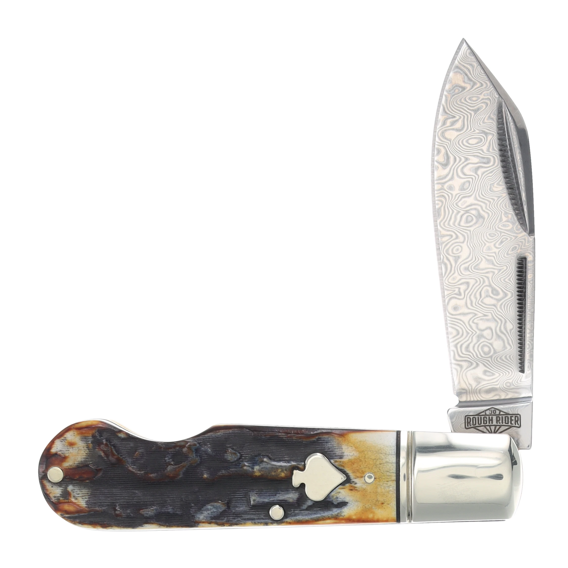 Rough Ryder Spades Shield Cinnamon Bone Damascus EZ Open Jack RR2528 View 1