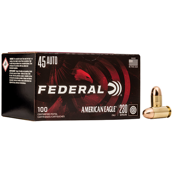 Federal Premium American Eagle Handgun 45 ACP Ammunition 100 Rounds Brass Centerfire 230 Grain FMJ AE45A100 View 1