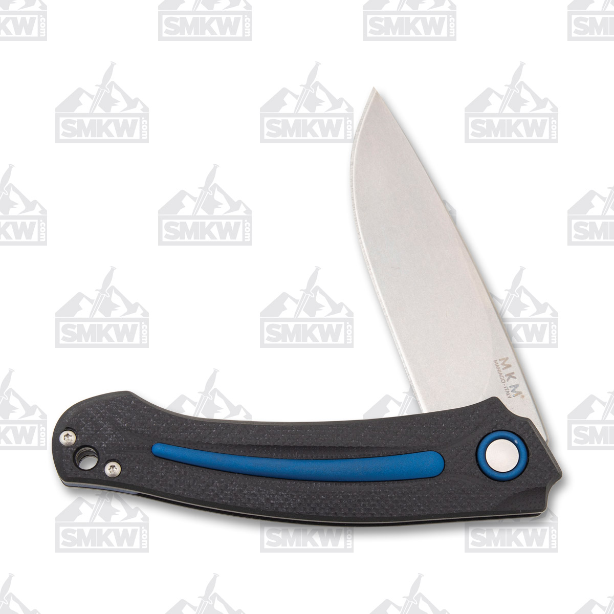 MKM SMKW Exclusive Arvenis Folding Knife Stonewash M390/Blue and Black G-10 Lucas Burnley Design MKFX01MGBL View 2