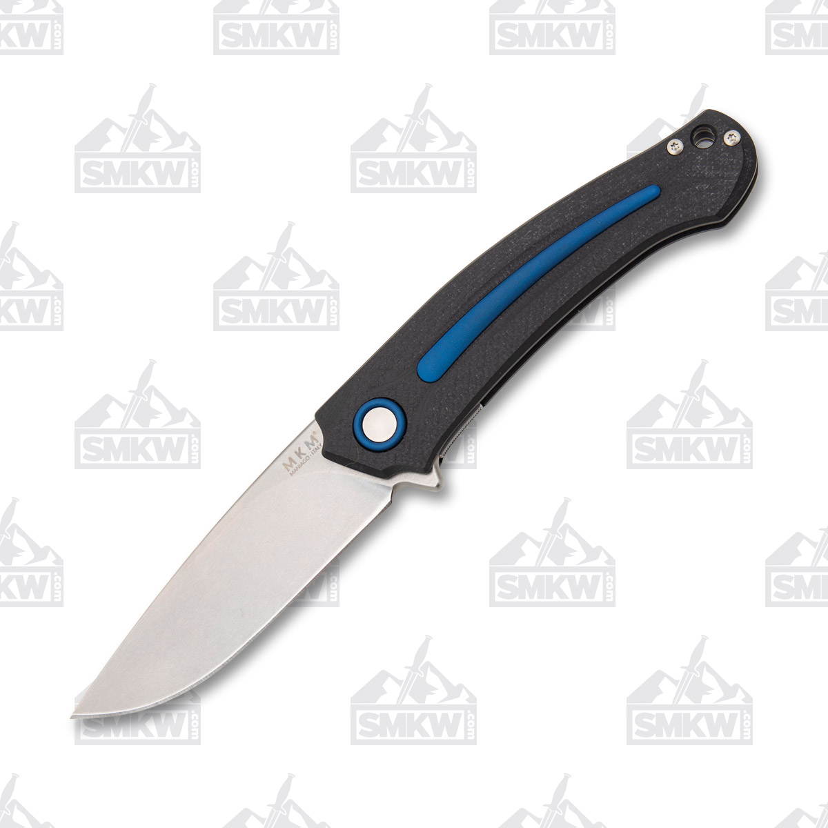 MKM SMKW Exclusive Arvenis Folding Knife Stonewash M390/Blue and Black G-10 Lucas Burnley Design MKFX01MGBL View 4