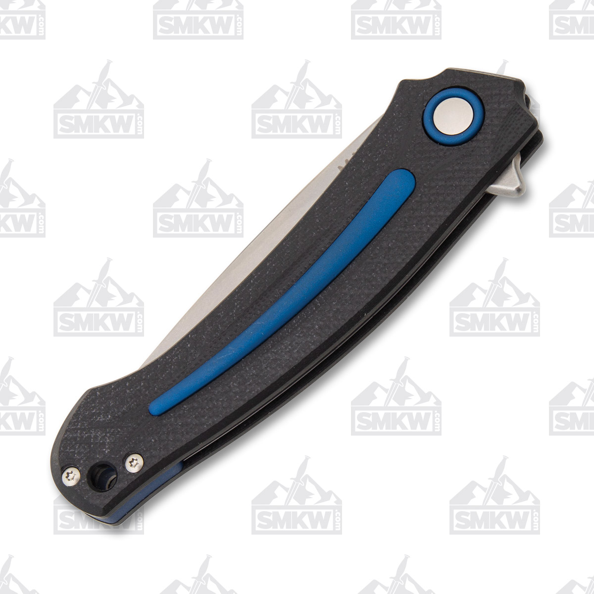 MKM SMKW Exclusive Arvenis Folding Knife Stonewash M390/Blue and Black G-10 Lucas Burnley Design MKFX01MGBL View 6