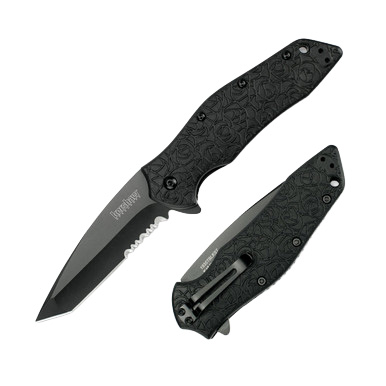 Kershaw Kuro Assisted Folding Knife Tanto 3.1in Black Part Serrated Blade KS1835TBLKST View 1