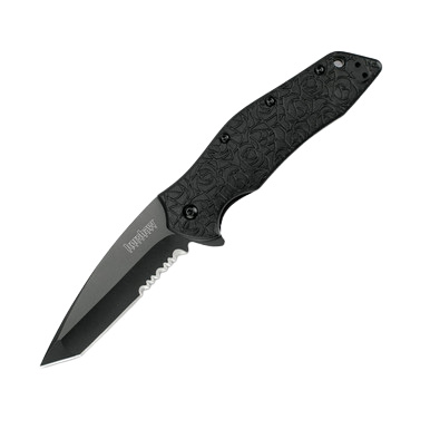 Kershaw Kuro Assisted Folding Knife Tanto 3.1in Black Part Serrated Blade KS1835TBLKST View 2