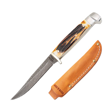 Bear & Son Small Hunter Stag 3 Inch Plain Damascus Clip Point BR563D View 1