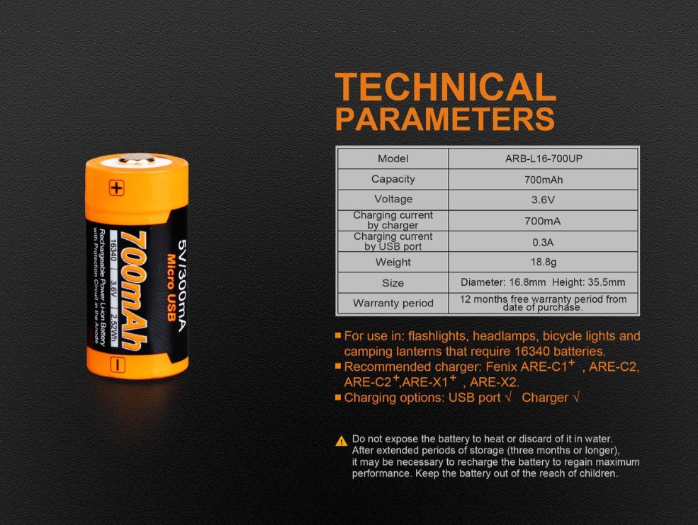 Fenix USB Rechargeable Battery 700mAH 16340 3.6V FENARBL16700 View 2