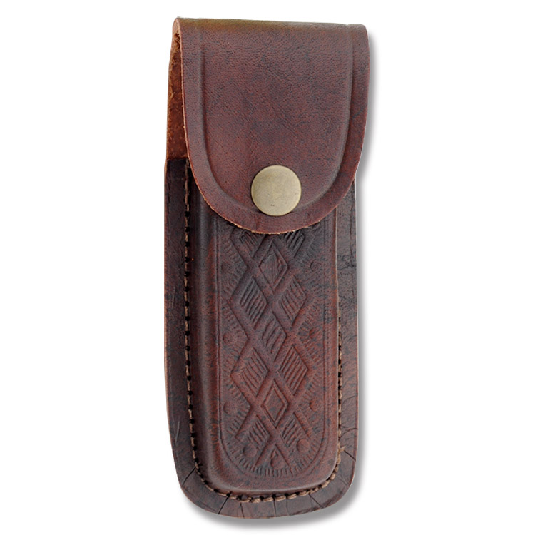 Leather Sheath Fits Folding Knives Up To 5" Closed - Brown Scrolled PM2031165 View 1
