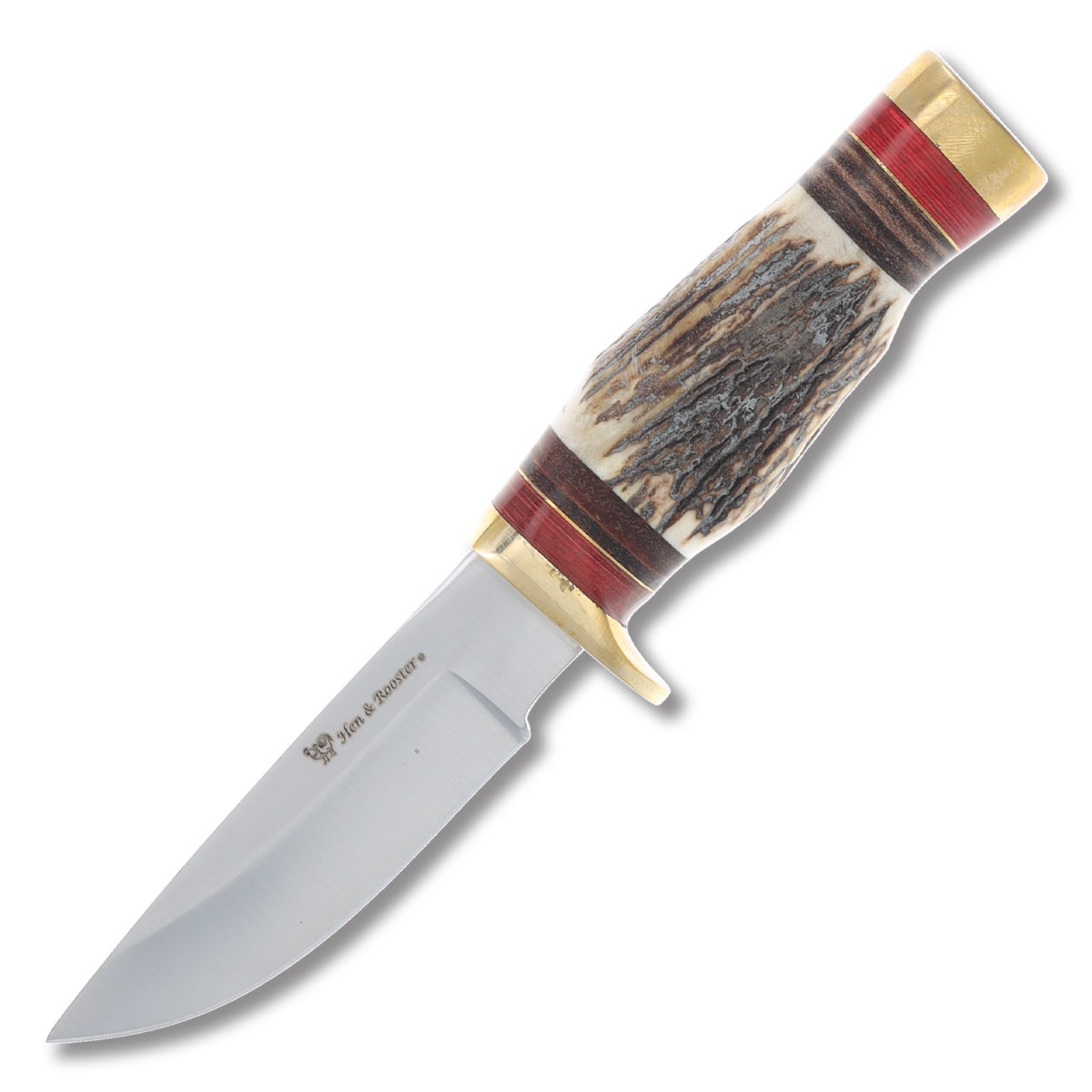Hen & Rooster Fixed Hunting Knife Stag 4.6 Inch Plain Satin Drop Point HRI124DS View 1