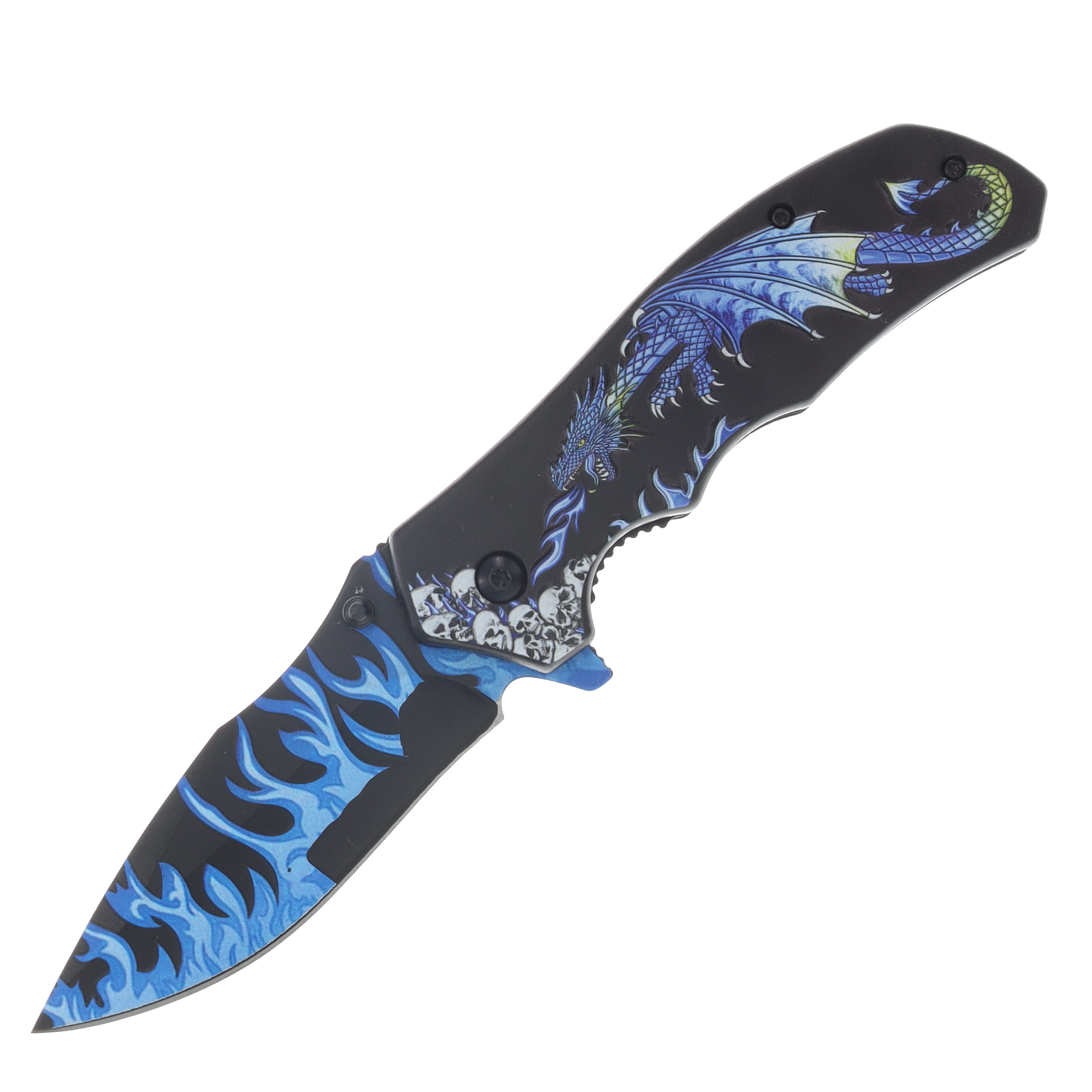 Szco Blue Dragon Flame Folding Knife 3.5in Plain Blue/Black Drop Point 300549BL View 1
