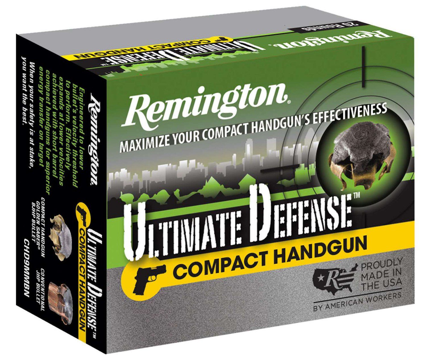 Remington Ultimate Defense Compact 45 ACP Ammunition 230 Grain Nickel Plated Centerfire 20 Rounds Bonded JHP CHD45APBN View 1