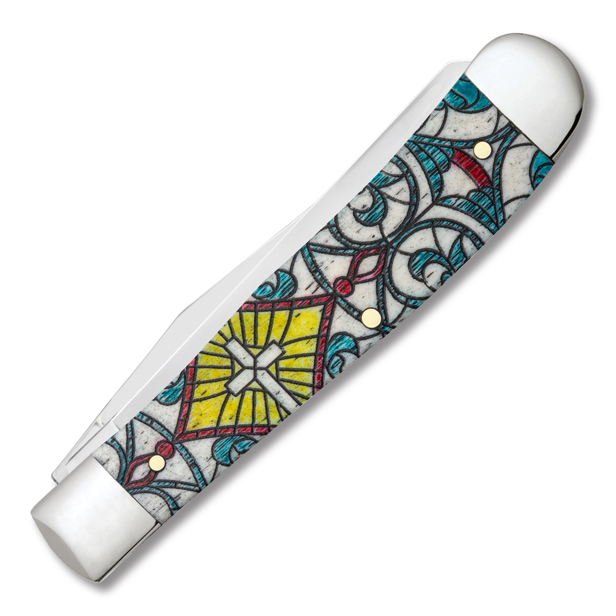 Case XX Stained Glass Cross Natural Bone Trapper Folding Knife CA38817 View 2