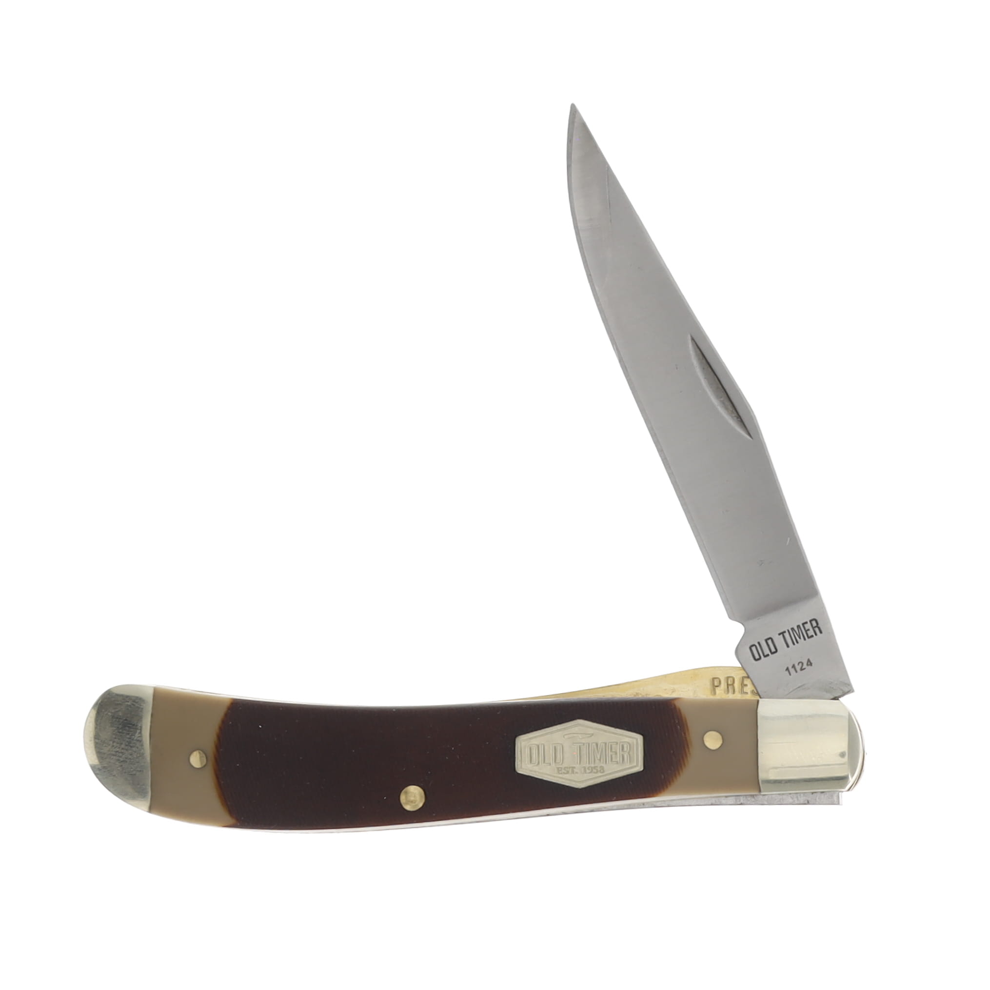 Old Timer Single Blade Trapper Folding Knife Brown Sawcut Gunstock SCT194 View 1