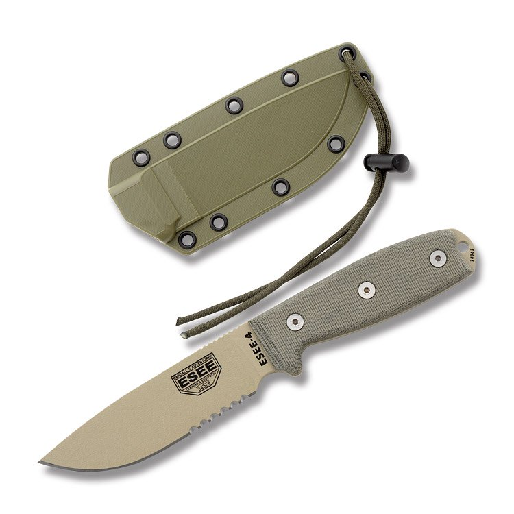 ESEE-4 Half Serrated Desert Tan 1095/OD Green Micarta with Kydex Sheath ESEE4SMBDT View 1